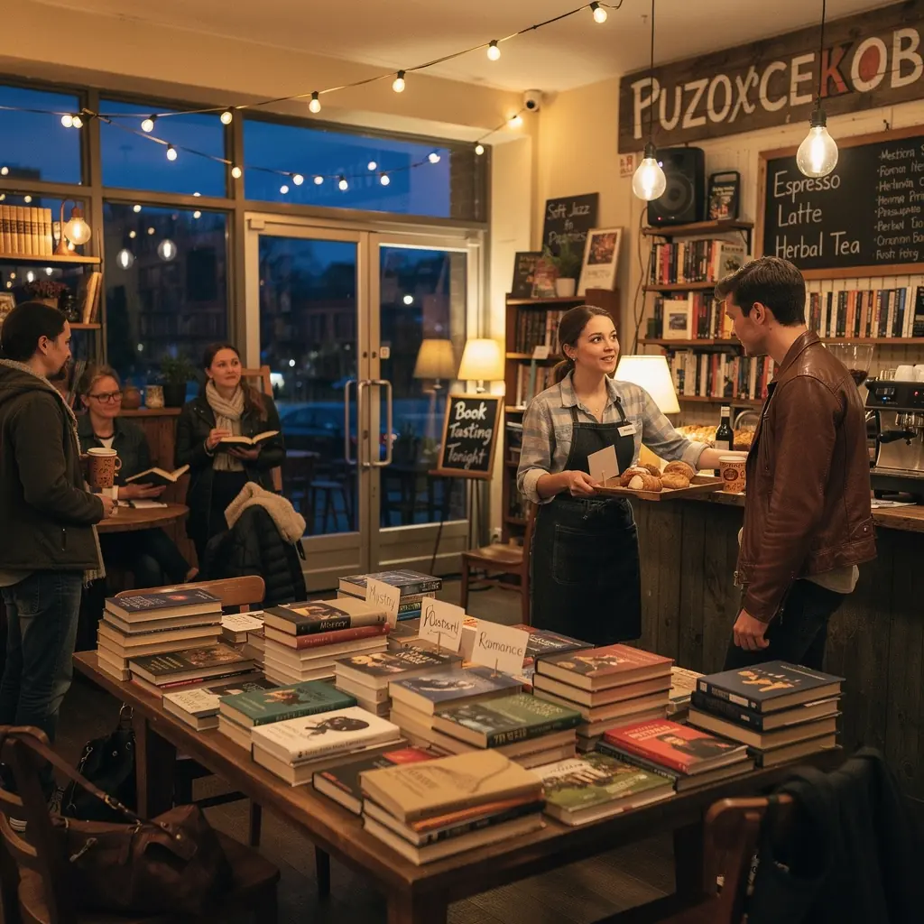 Könyvesbolt belső tere, tele olvasási lehetőségekkel és közösségi térrel